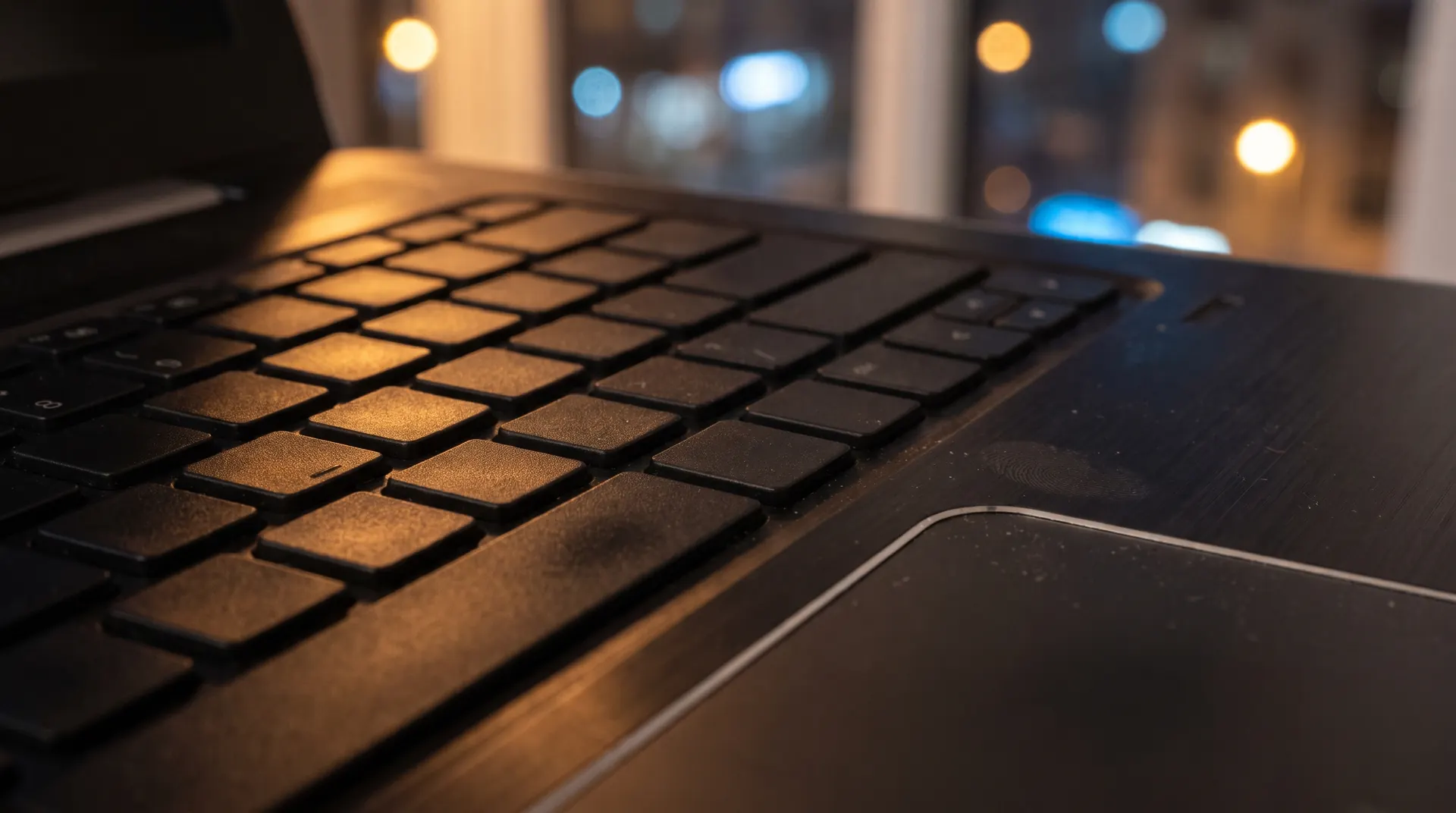 Close-up of a dark laptop keyboard with amber and blue bokeh lights behind it
