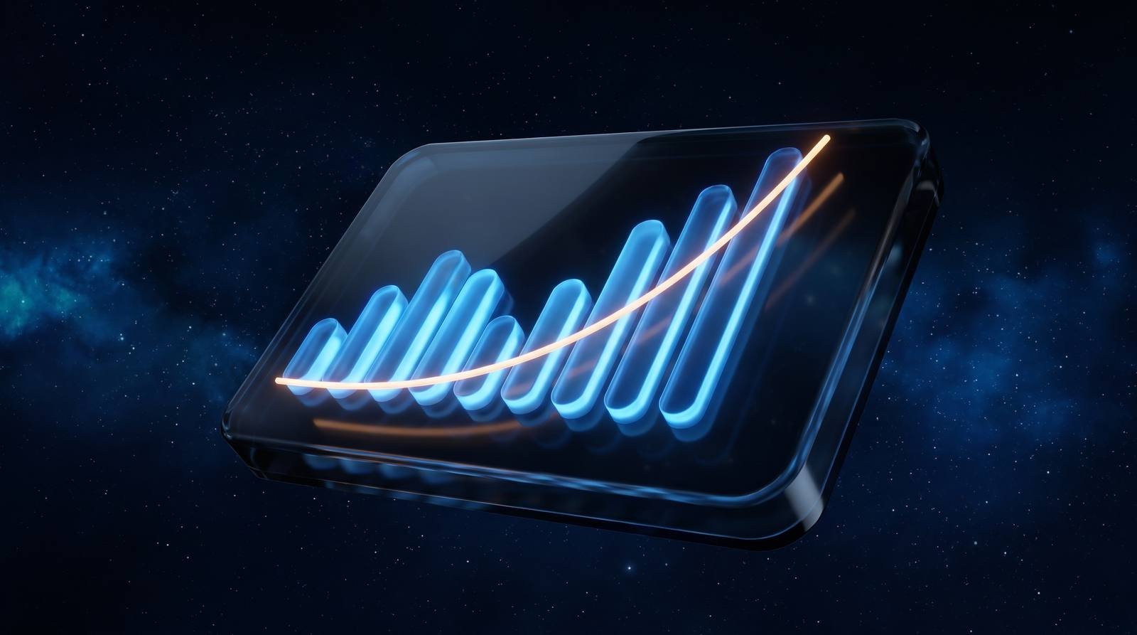 Floating dark glass panel with glowing blue bars rising and an amber curve sweeping upward
