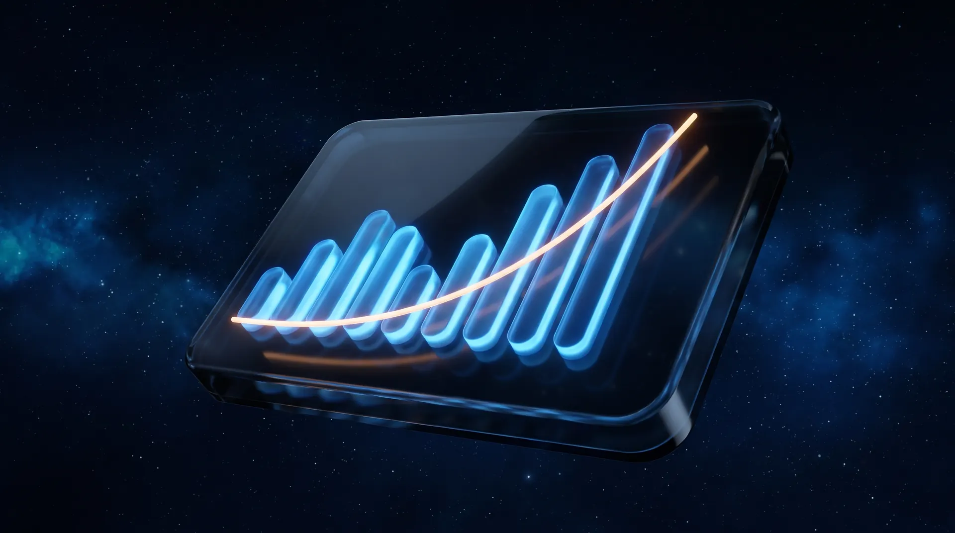 Floating dark glass panel with glowing blue bars rising and an amber curve sweeping upward