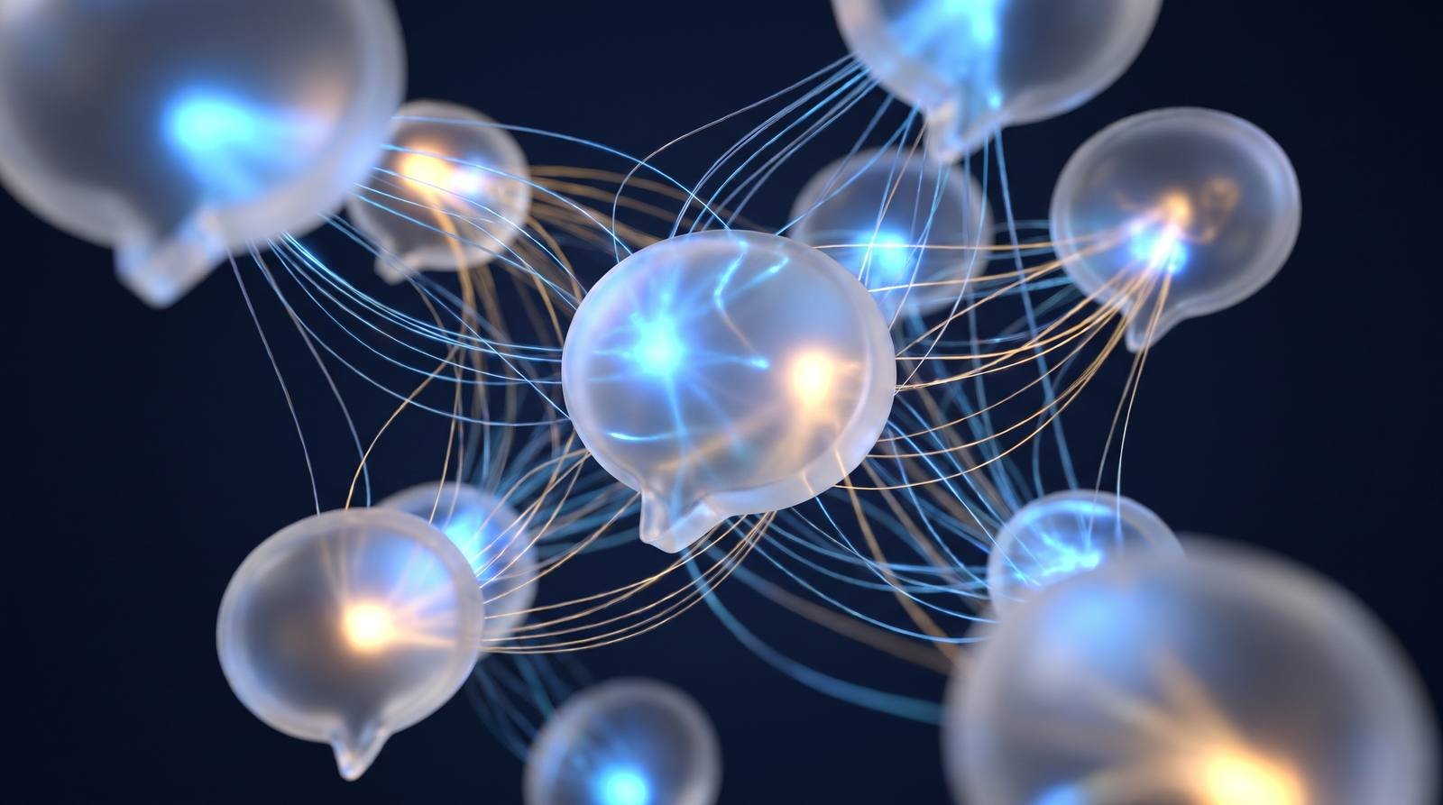 Glowing glass speech-bubble shapes connected by threads of light against deep navy