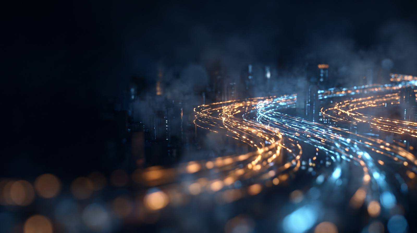Streams of amber and blue light flowing through darkness, representing customer traffic moving toward a business
