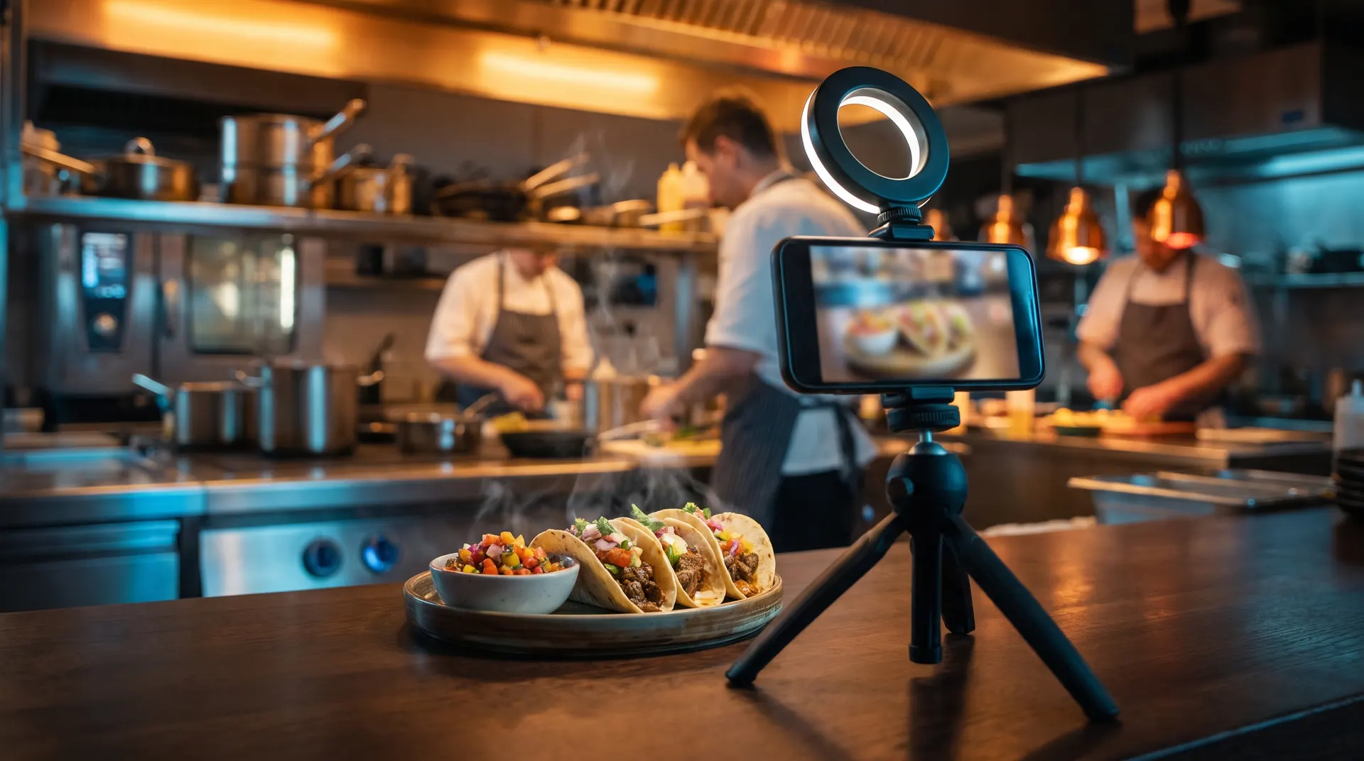 Smartphone on a tripod with a ring light filming a plate of tacos in a restaurant kitchen