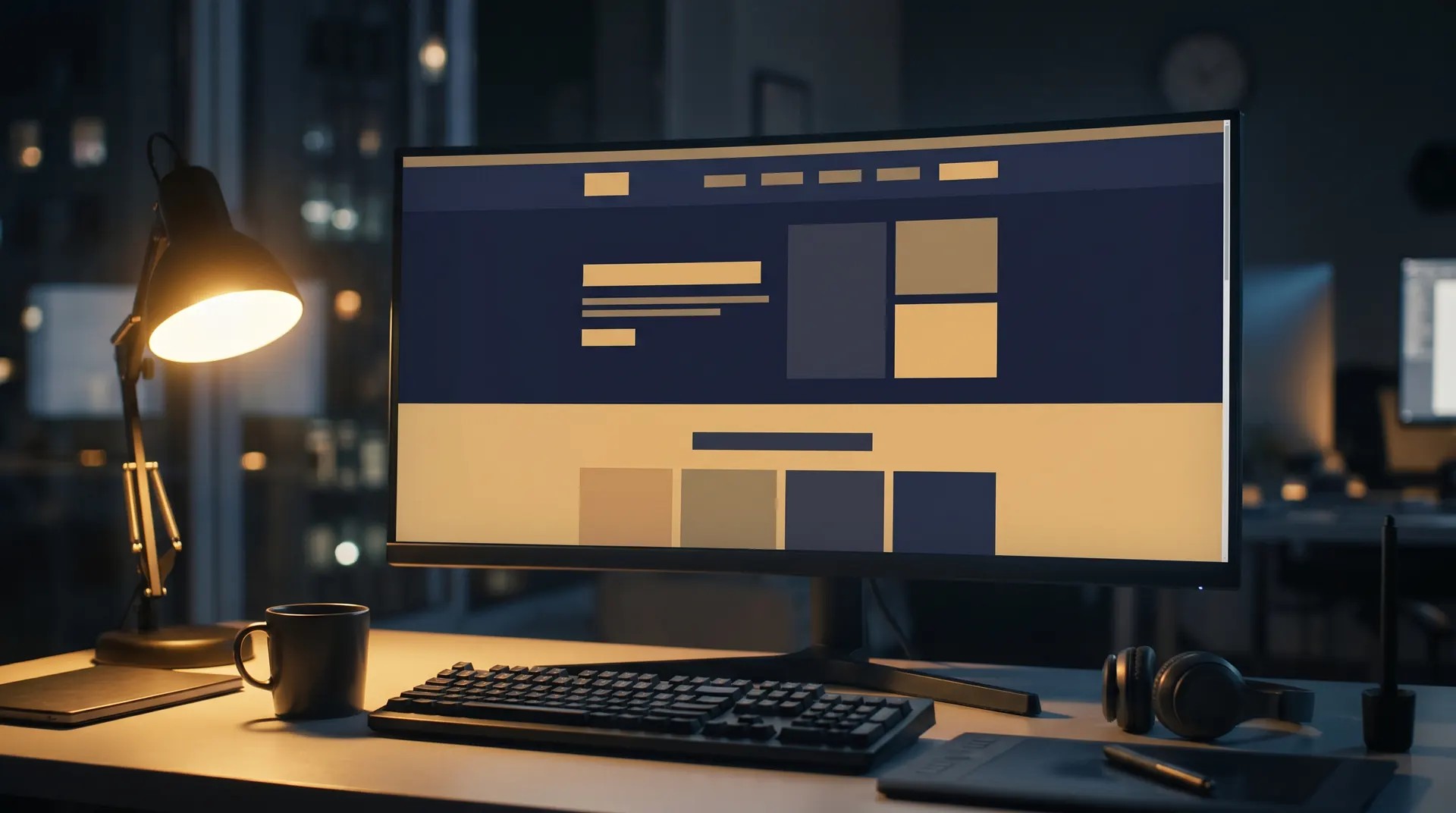 Dark design studio desk at night with a wide monitor showing a website layout in blue and amber blocks