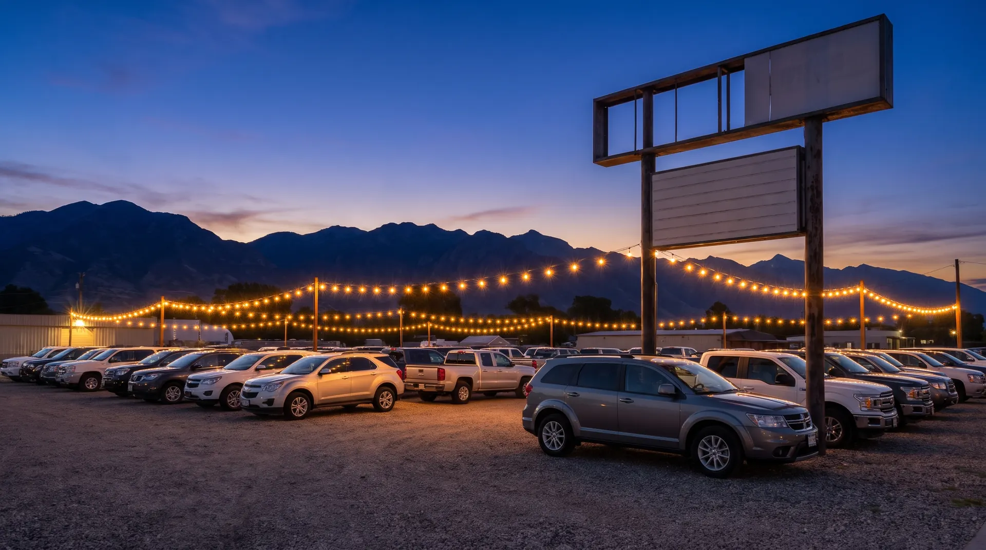 Used car dealership lot at dusk under string lights with the Wasatch mountains behind