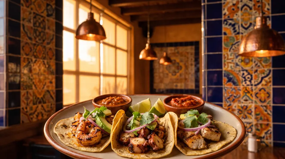 Plate of grilled shrimp tacos inside a warm Mexican restaurant with talavera tiles