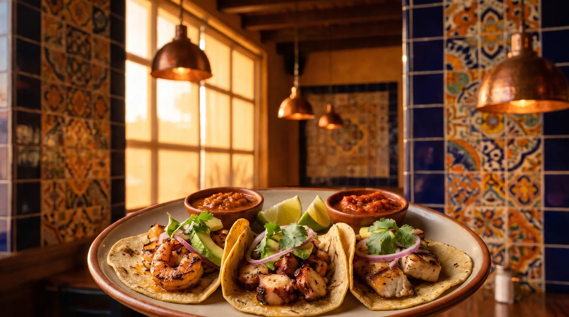 Plato de tacos de camarón en un restaurante mexicano cálido