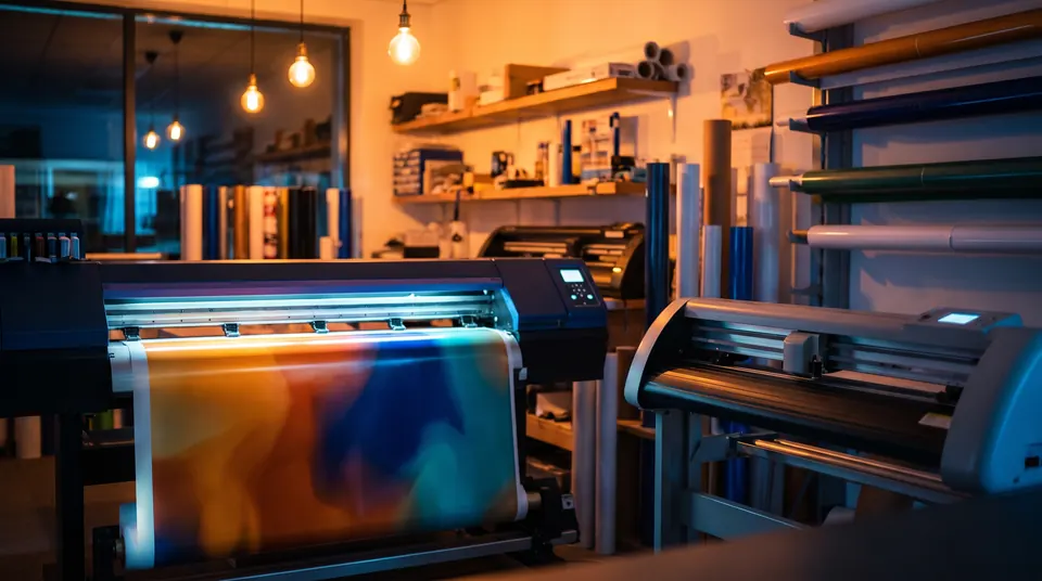 Large-format printer producing a roll of amber and blue vinyl in a sign shop at night