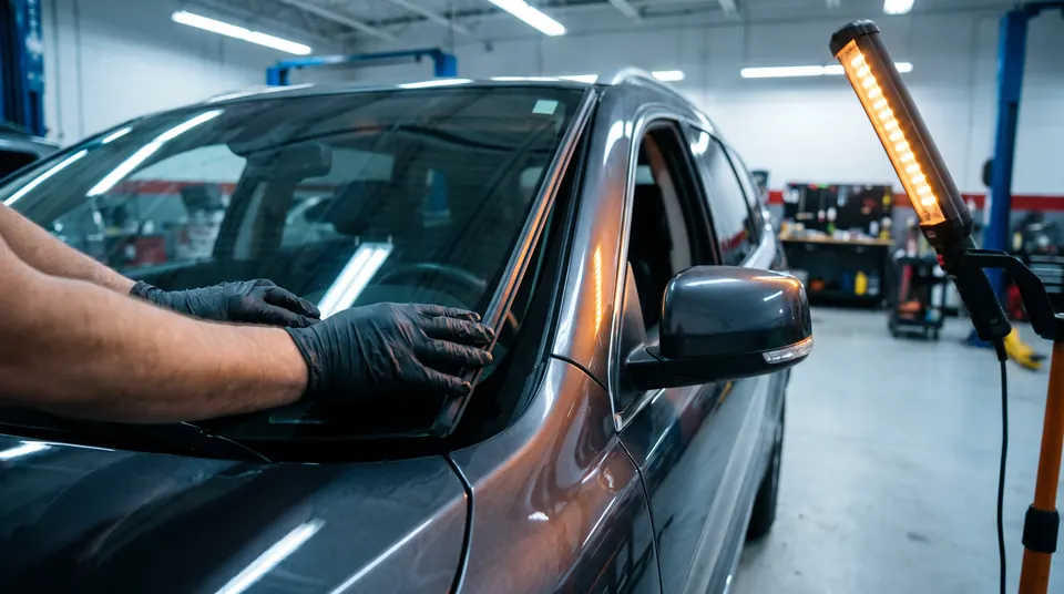 Technician in gloves fitting a new windshield on an SUV inside an auto glass shop