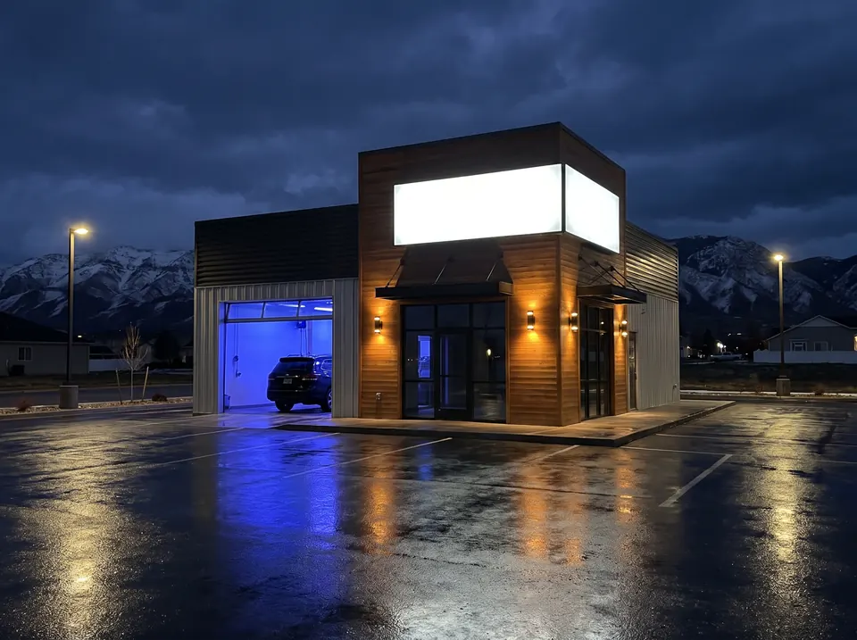 Small modern auto glass shop at night with its bay door glowing blue and a blank sign box