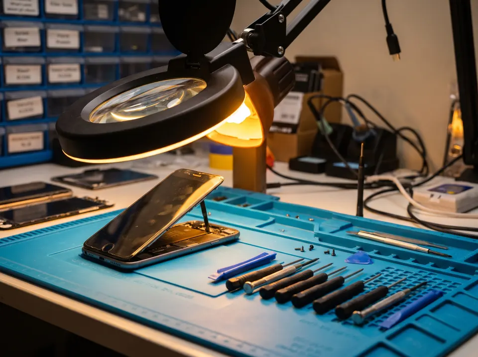 Phone repair workbench with an opened smartphone under a magnifying lamp