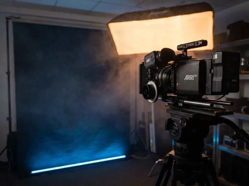 Cinema camera on a tripod in a studio with a warm softbox and blue LED strip