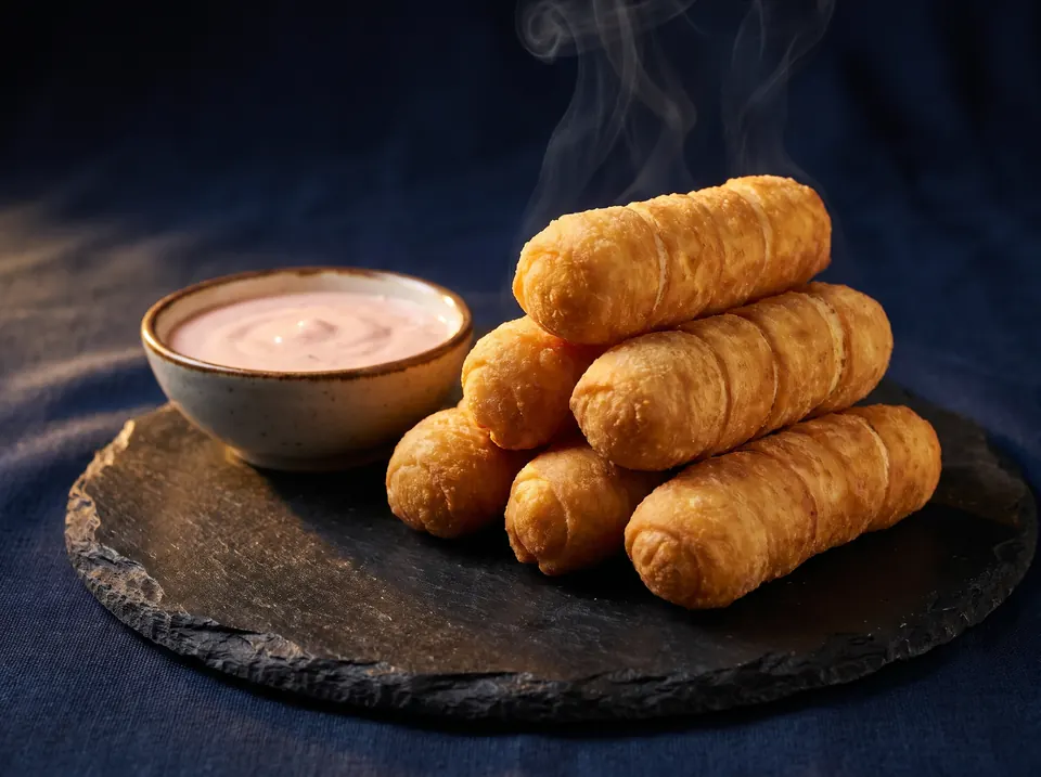 Golden crispy tequeños stacked on a slate board with a bowl of pink sauce