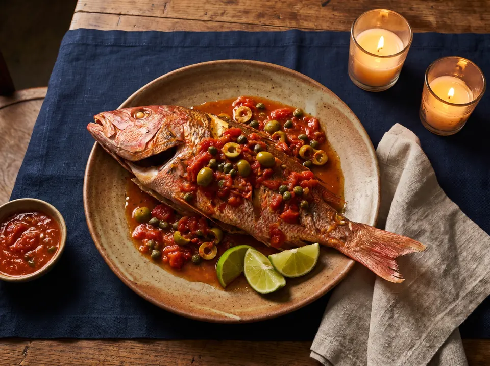 Veracruz-style whole red snapper with tomato, olive and caper sauce by candlelight